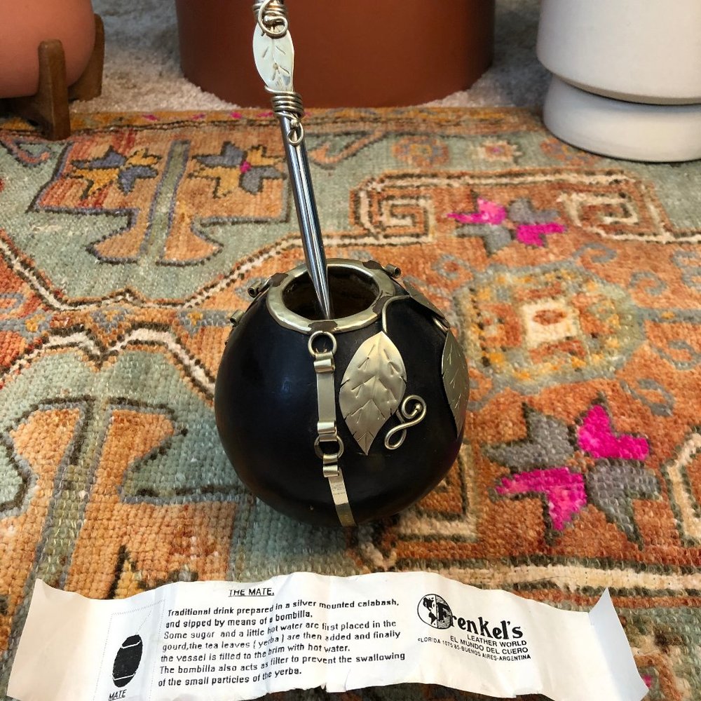 Handmade Vintag Leather Mate Bowl Gourd with straw